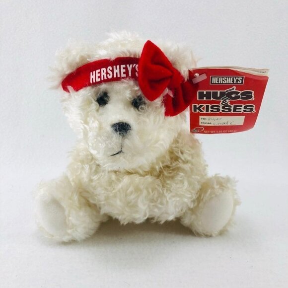 2002 Vintage Hershey White Teddy Bear Plush 7” Chocolate Souvenir Kiss Red Bow - Picture 1 of 12